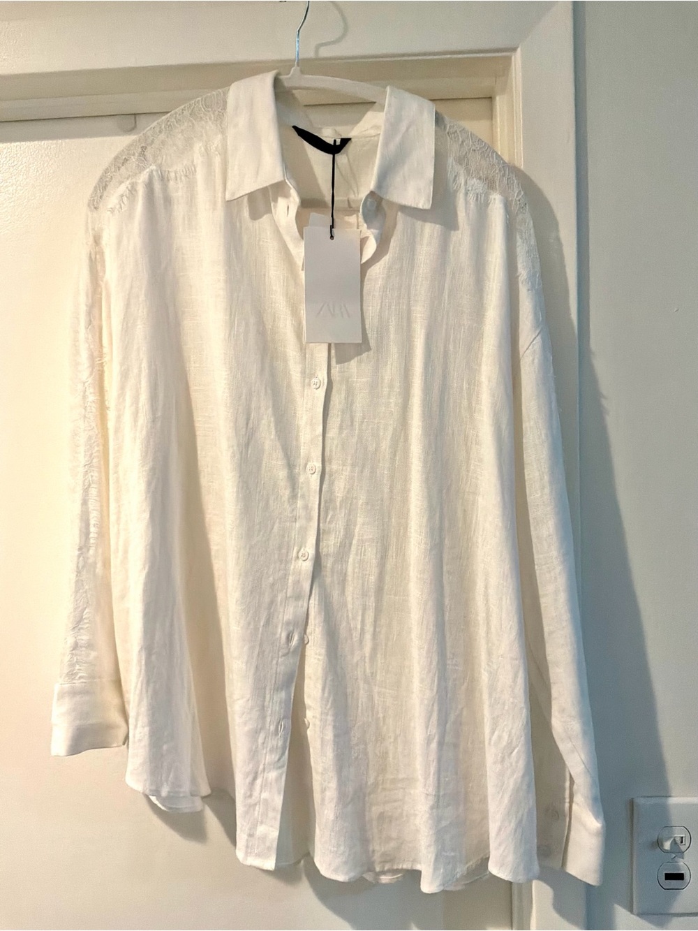 Zara White Button-Down Linen shirt with sheer sleeve panels - M - NWT